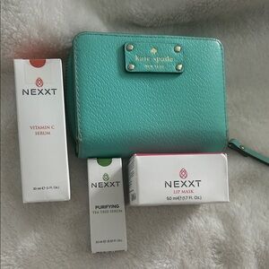 Leather Kate Spade Turquoise Wallet with skincare bundle